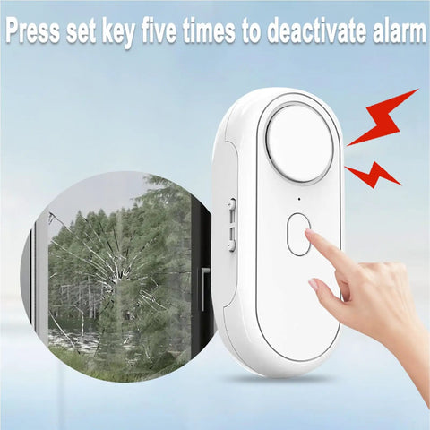 Glass Break Alarm Sensor 65-120 dB Range With Adjustable Sensitivity, white unit with test button and cracked window