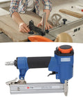 Heavy Duty Pneumatic Brad Nailer 18 Gauge Air Powered Nail Gun Engineered For Slick Operation And Serious Woodworking Grind view with wood piece and tool setup.