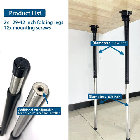 Heavy Duty Rock Solid Foldable Table Legs Set Two Adjustable Height Stand Badass For Diy Desks, showing detailed leg dimensions and mounting screws.