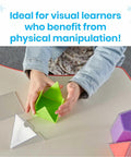 Child assembling a green foldable 3D shape from Foldable 3D Geometry Shapes Set for Classrooms, Hands On Geometry Manipulatives.