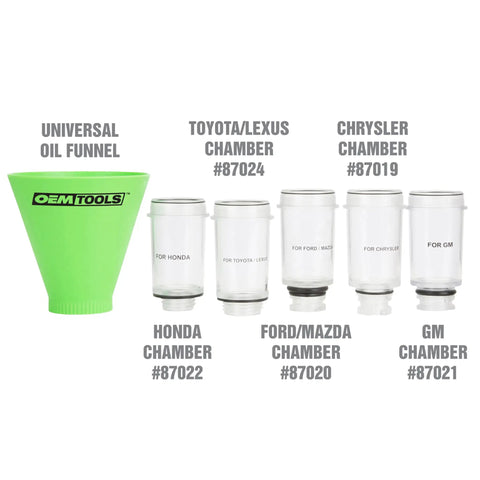 No Spill Oil Funnel Kit With 8 Attachments And Transparent Chamber For Direct Fit Threaded Filler Necks Compatible With Chrysler Ford Mazda GM Honda Toyota And Lexus For Easy Oil Changes, universal oil funnel, and labeled chambers.