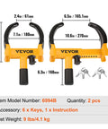 Universal Wheel Clamp Lock Set, Adjustable Anti Theft Tire Lock For ATV, SUV, Car, Golf Cart, Boat, And Motorcycle, Heavy Duty Steel Construction, Built Tough With Six Keys, showing two locks with dimensions.