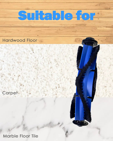 Two Pack Pro Replacement Roller Brush Kit For Eufy RoboVac displayed on hardwood, carpet, and marble floors