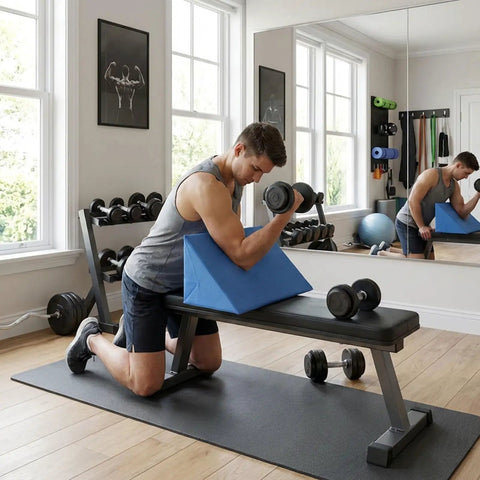 Man using Curl Pad For Barbell Home Gym Arm Day Workout Cushioned Bicep Tricep Forearm Support Bench Cushion For Concentrated Curl Training