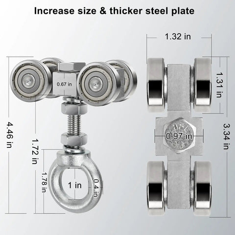 Four Wheel Strut Channel Trolley Hoist With 360 Degree Rotating Bearing Rollers and M10 Bolt, side and front view, dimensions shown