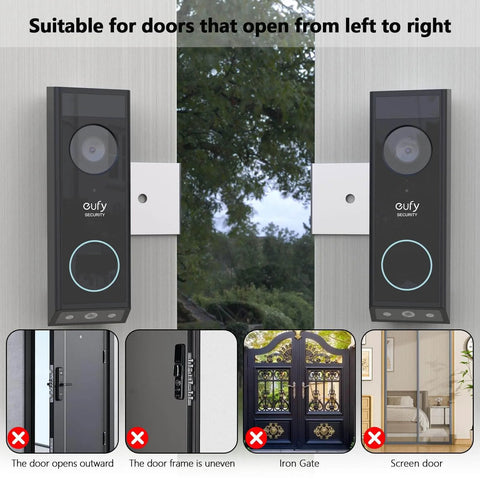 Anti-Theft Doorbell Mount for Eufy E340 Security Video Doorbell No-Drill Installation on left-opening door with examples of unsuitable doors.