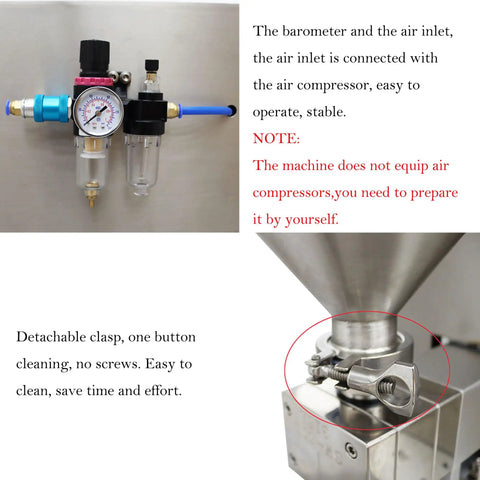 Heavy Duty Semi Automatic Gear Pump Paste Filler Machine With Commercial Grade Steel Frame showing barometer and air inlet for operation.