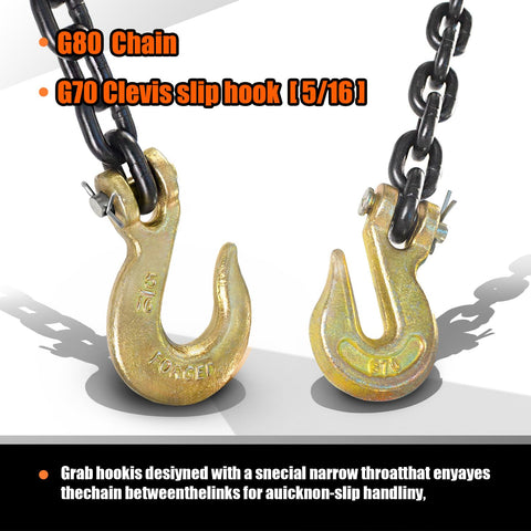 Grade 80 Log Chain 5/16 Inch By 15 Feet Heavy Duty Beefed Up Transport Chain with Clevis Grab Hooks