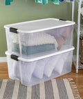 Ultra Latching Storage Boxes 4 Pack Clear 116 Quart With Lids showing blankets stored inside clear heavy duty plastic organizers