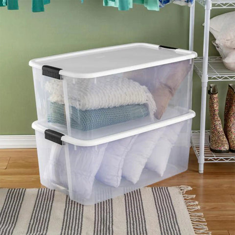 Ultra Latching Storage Boxes 4 Pack Clear 116 Quart With Lids showing blankets stored inside clear heavy duty plastic organizers