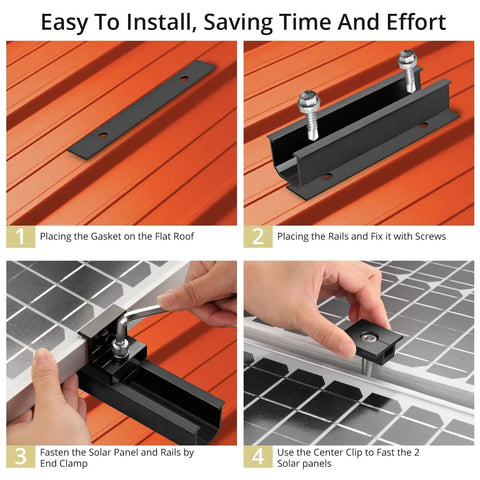 Installation steps of Aluminum Solar Panel Mounting Kit For 4 Panels With Four Point Seven Two Inch Rails And All End Clamps Center Clamps