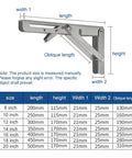 Diagram of Foldable Triangular Stainless Steel Wall Shelf Brackets Set Of 2, showing dimensions and specs for adjustable support.