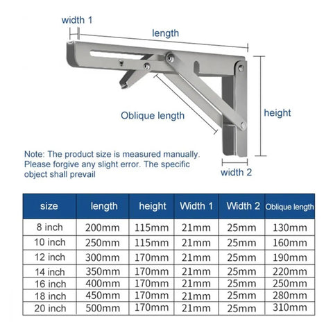 Diagram of Foldable Triangular Stainless Steel Wall Shelf Brackets Set Of 2, showing dimensions and specs for adjustable support.