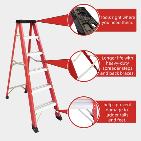 Heavy Duty Fiberglass Step Ladder Built Like A Tank With An Insanely Solid 500 Pound Weight Rating Non Conductive Design For Electricians And Weekend Warriors Doing Real Work showing top tool holder and spreader steps.