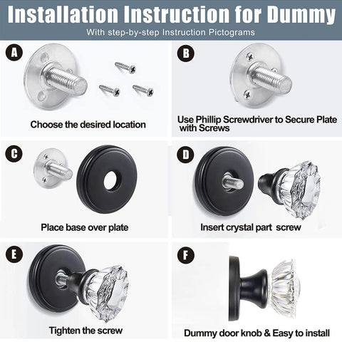 Crystal Half Dummy Glass Door Knob Set For Hall And Closet Interiors, step-by-step installation guide with pictograms.