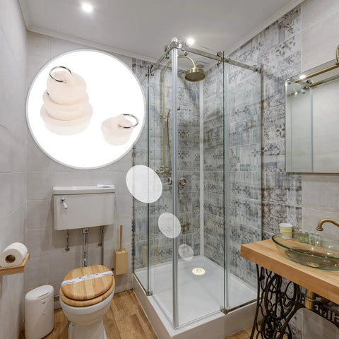Rubber Bath Tub Drain Stoppers 4pcs with Pull Ring for Basins displayed in modern bathroom setting with shower enclosure and toilet.