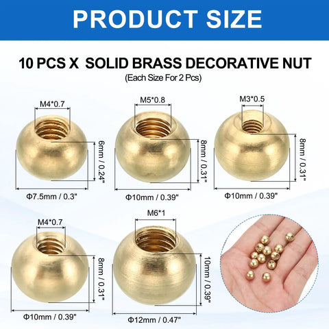 Brass Ball Finial Caps Set For Lighting, M3 M4 M5 M6 Threaded Nut Knobs, 7.5mm 10mm 12mm Sizes, 10 Pack, with size details and hand display
