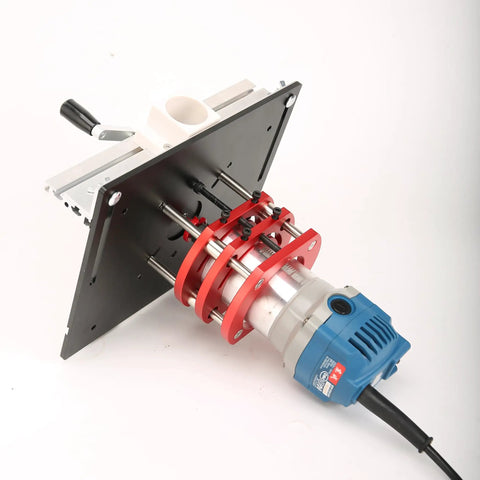 Adjustable Insert Plate Router Lift With Double Stainless Steel Support Rods For 64 To 66 Millimeter Trimming Machine shown from top angle.