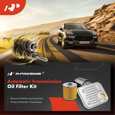 Automatic Transmission Fluid Filter With Pan Gasket For Ford Taurus Freestar Windstar Mercury Monterey Sable 1995-2007 AX4N AX4S 4F50N Replacement Part To Keep Shifts Smooth And Your Ride Cruising, product image with filter and car on road.