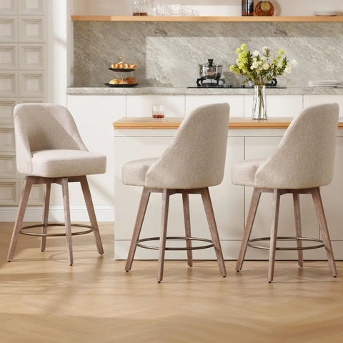 Set of 3 Counter Height Bar Stools with Backs, Modern Mid Century Swivel Chairs on Wood Legs, 26 Inch Seat Height for Kitchen Island