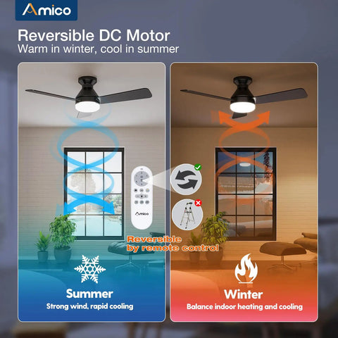 Diagram showing reversible DC motor for 42 Inch Low Profile Ceiling Fan With Light And Remote Flush Mount Reversible Blades Dimmable 3 CCT Noiseless Black Indoor Outdoor Ceiling Fan For Bedroom And Living Areas, illustrating summer and winter modes with visual indicators and remote control.