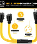 Heavy Gauge Three Foot Y Splitter Converts One NEMA 6-20 Male Plug Into Two Ready To Go Female Outlets So You Can Charge Your EV And Run Workshop Gear Double Quick Without Cord Switching Headaches with yellow cable and connectors.