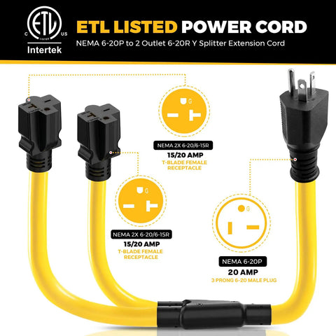 Heavy Gauge Three Foot Y Splitter Converts One NEMA 6-20 Male Plug Into Two Ready To Go Female Outlets So You Can Charge Your EV And Run Workshop Gear Double Quick Without Cord Switching Headaches with yellow cable and connectors.