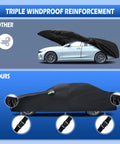 Comparison of triple windproof reinforcement on All Weather Custom Fit Car Cover For 2007 To 2025 BMW 3 Series M3 320i 325i 328i 330i 340i Waterproof Full Exterior Shield With Door Zipper And Cotton Lining