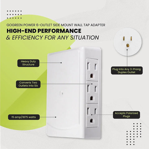 Six Outlet Side Mount Wall Tap Adapter White Heavy Duty Versatile Power Hub For Tight Spaces Product Image