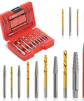 15 Piece Screw Extractor Kit With Left Hand Drill Bits For Removing Broken Bolts And Stripped Nuts In Cobalt HSS 6542 Cr Mo Steel EZ Out Center Punch Kit open case displaying tools.