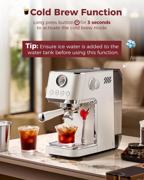 Top Shelf Dual Boiler Espresso Machine With 58 MM Commercial Brew Head And Powerful Steam Wand For Killer Crema And Easy Home Barista Shots In Classic Ivory, showcasing cold brew feature.