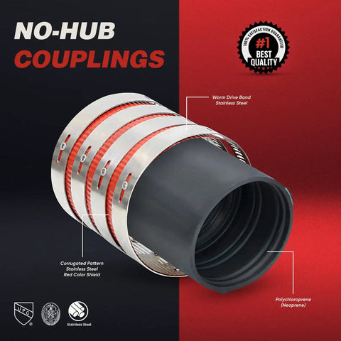 Beefy No Hub Coupling With Red Shield For 2 Inch Cast Iron Sewer Pipe And Fittings, Stainless Steel Bands, Corrugated Shield, ElaStoplast Sealing Gasket, Pack Of 5, angled view