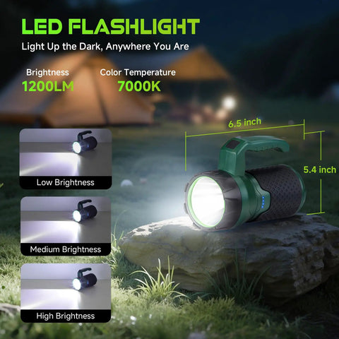 4 in 1 Modular Camping Lantern Rechargeable Led Flashlight And Portable Camp Fan IPX4 Waterproof shown outdoors with brightness settings.