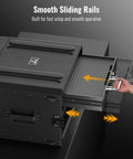 2U Locking Rack Drawer with beefy metal build showing smooth sliding rails and secure latch for 19 inch AV gear storage