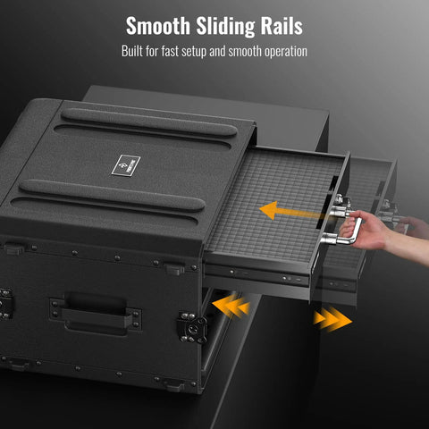 2U Locking Rack Drawer with beefy metal build showing smooth sliding rails and secure latch for 19 inch AV gear storage