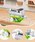 Heavy Duty Cross Slide Drill Press Vise For Benchtop Milling Machine Precision Xy Table Clamp with adjustable green base and metal frame.
