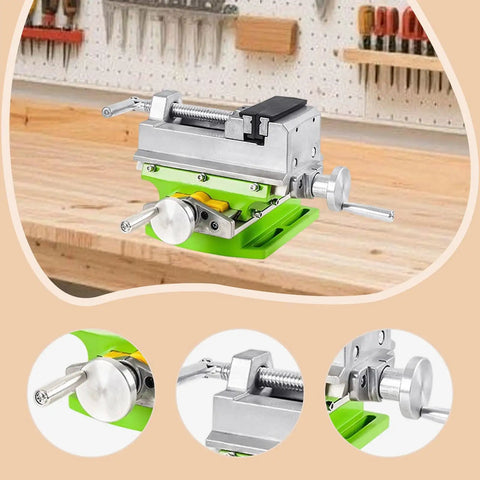 Heavy Duty Cross Slide Drill Press Vise For Benchtop Milling Machine Precision Xy Table Clamp with adjustable green base and metal frame.