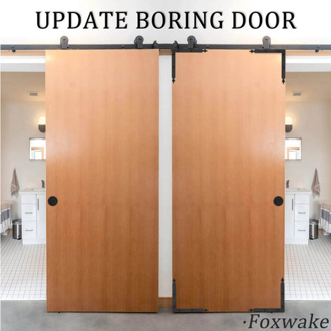 Sliding barn doors with Barn Door Corner Bracket Set 7 Point 7 Inch Matte Black Rustic L Brackets installed, bathroom view