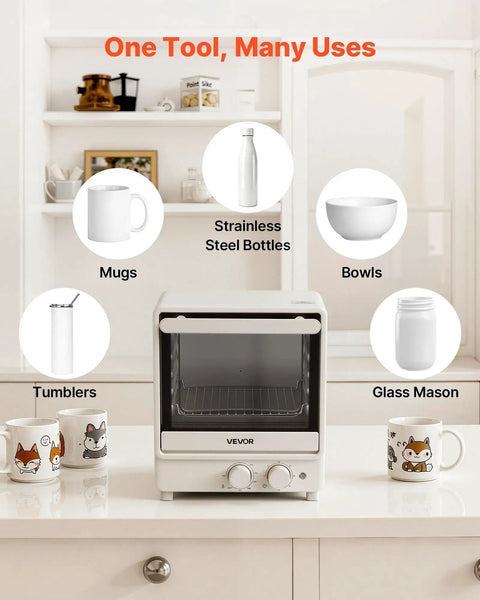 13Quart Sublimation Oven Cranks Out Vivid Transfers Fast With 360 Degree Surround Heat, shown with mugs, stainless steel bottles, and bowls.