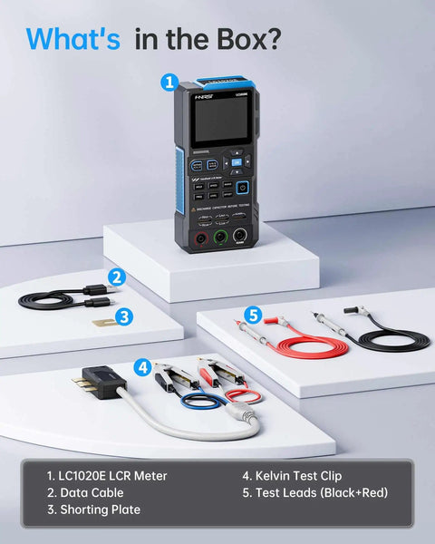 Pro Grade LCR Meter 100kHz With 19999 Counts and included accessories: data cable, shorting plate, Kelvin test clip, test leads.