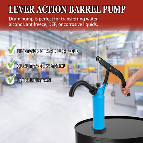 Built Tough 55 Gallon Drum Pump Lever Action For Chemicals And Oils High Strength Pp Abs Plastic lightweight portable with blue handle.