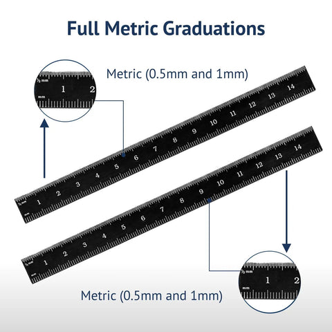 Kickass Flexible Metric Metal Ruler With Matte Black Chrome Coating And Heavy Duty Tempered Stainless Steel Frame showcasing full metric graduations.