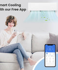 Woman using smartphone to control Top Shelf 36000 BTU Tri Zone Mini Split Air Conditioner Featuring Peak SEER2 Inverter Tech.