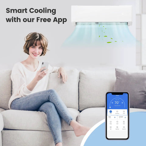 Woman using smartphone to control Top Shelf 36000 BTU Tri Zone Mini Split Air Conditioner Featuring Peak SEER2 Inverter Tech.