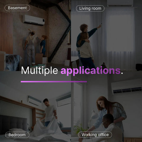 Image showing usage of Beefed Up 10 Foot Extension Cord For Air Conditioners And Appliances in various rooms like basement, bedroom, and office.