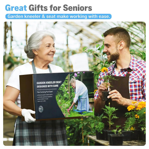 Two people in a garden holding Heavy Duty Garden Kneeler And Seat 2In1 Foldable Stool box with plants in the background.