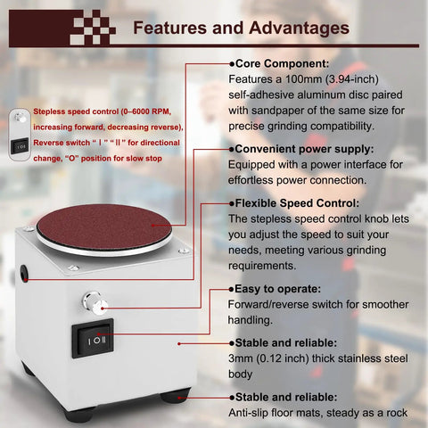 Do It All 4 To 6 Inch Mini Disc Sander And Bench Grinder With Bidirectional Stepless Speed Control next to product features