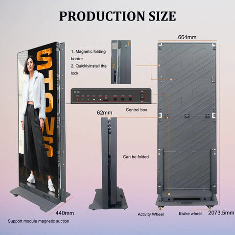 No Hassle Plug And Play 80 Inch Vertical Led Display features a control box and foldable design for easy transport.