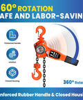 360° rotation feature of Three Quarter Ton Manual Ratchet Lever Hoist Workhorse with 1650 lb capacity and dual hooks.