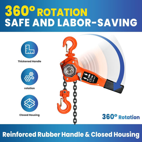 360° rotation feature of Three Quarter Ton Manual Ratchet Lever Hoist Workhorse with 1650 lb capacity and dual hooks.